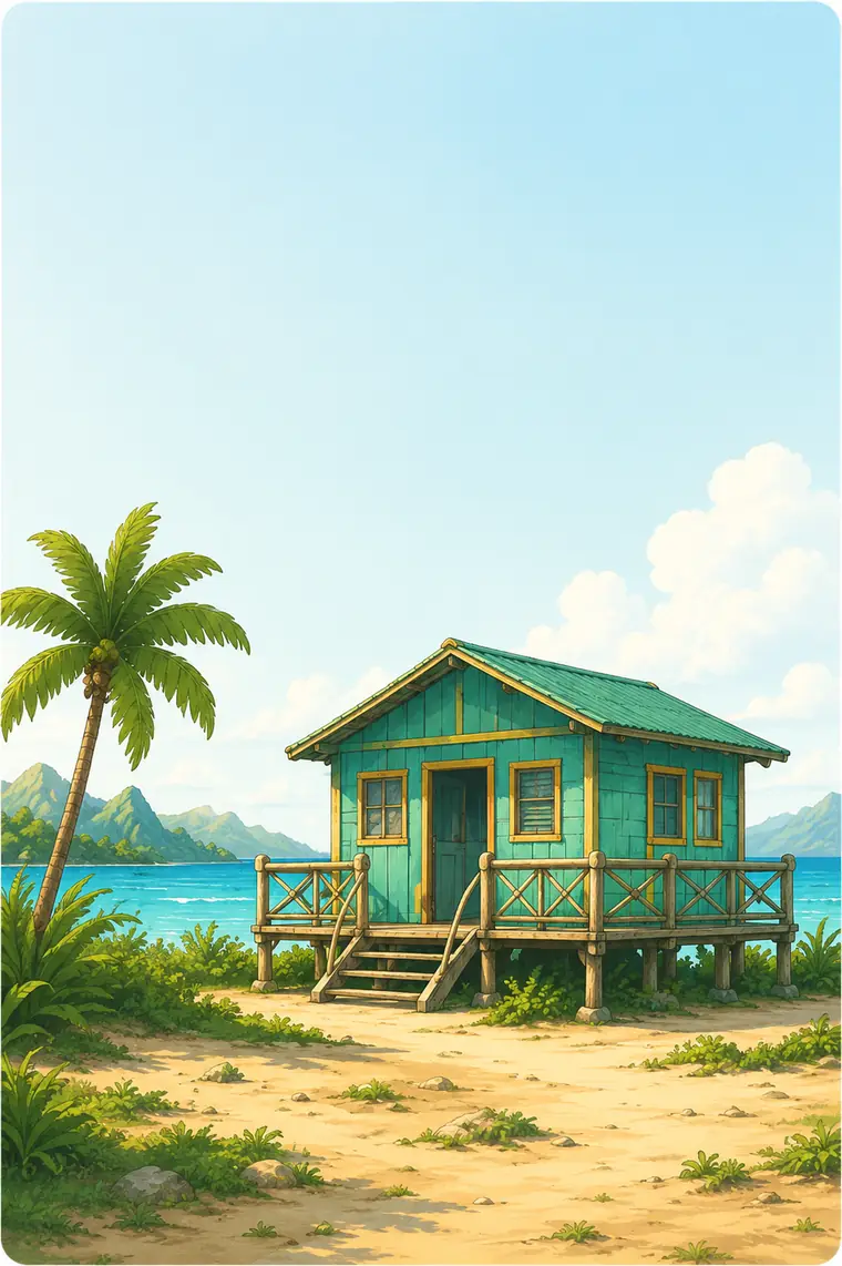 Green wooden beach hut on stilts beside a palm tree