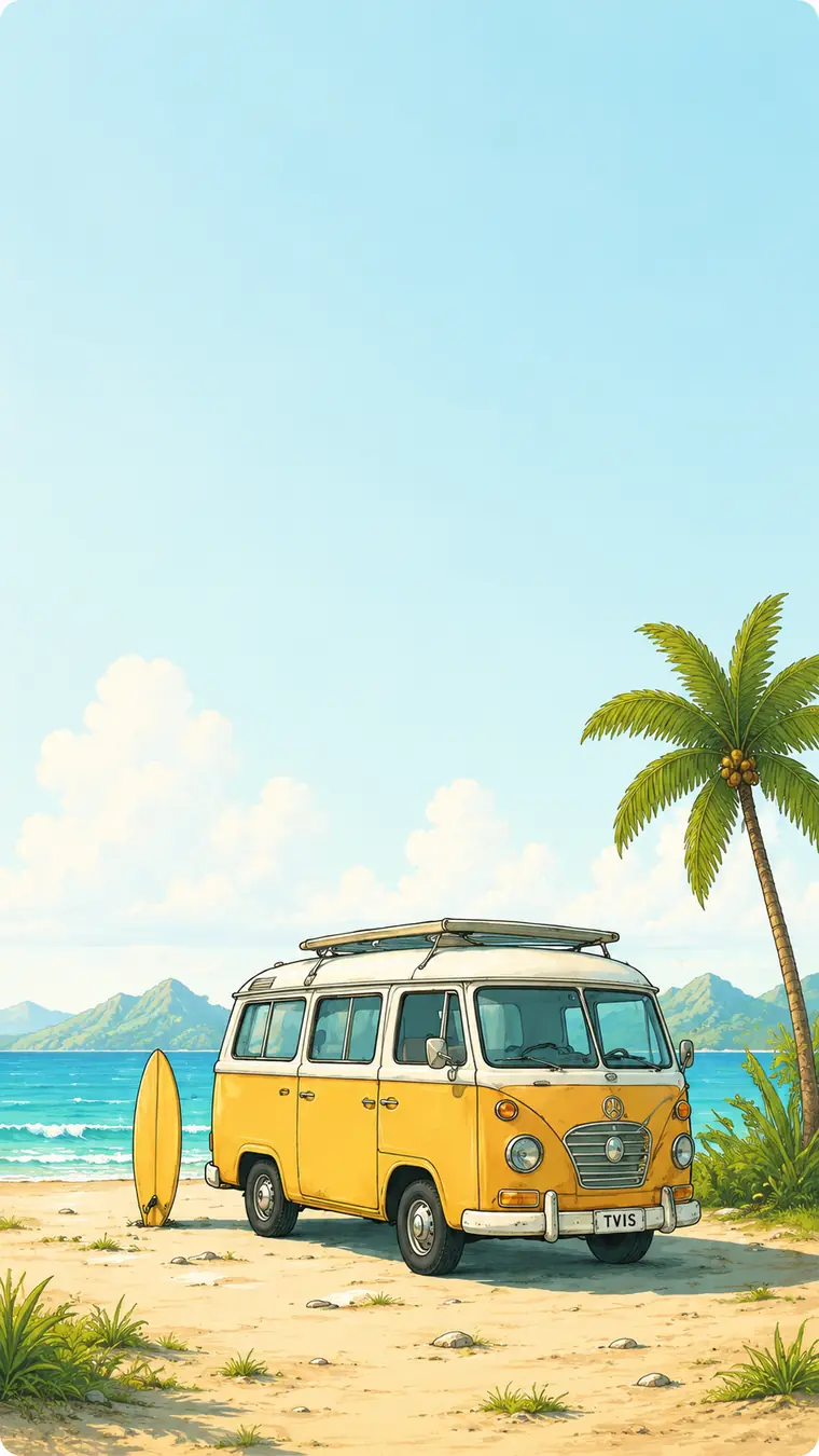 Yellow camper van parked on a beach next to a surfboard