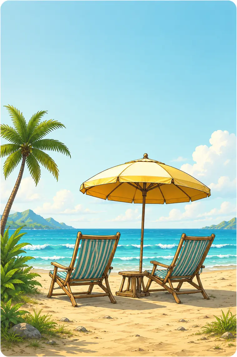 Two striped deck chairs under a yellow parasol on the sand